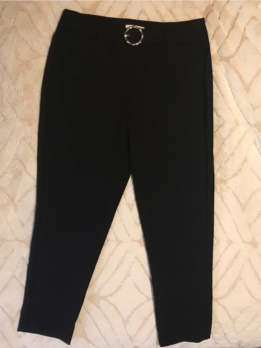 Rachel Zoe Black Straight-Leg Ponte Pants with Gold Ring Detail